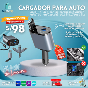 CARGADOR DE AUTO 4 EN 1 Cable Retráctil 🚘⚡